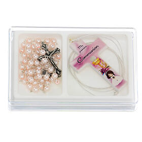 First Communion box set pink cross rosary, French