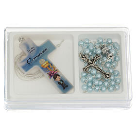 Communion box, cross and blue rosary