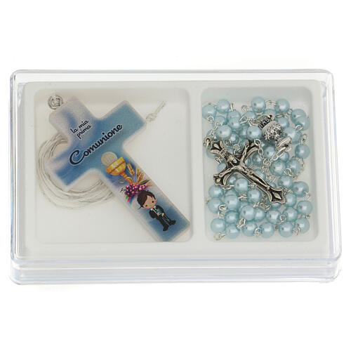 Communion box, cross and blue rosary 1