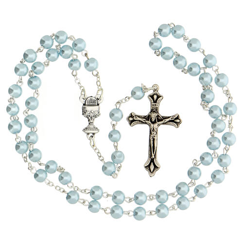 Coffret Communion croix et chapelet bleu clair 3
