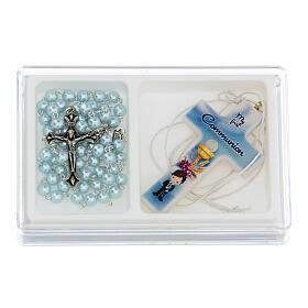 Kommunion-Set auf Englisch mit hellblauem Rosenkranz und Kreuz