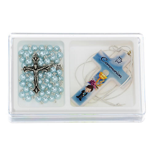First Communion box set blue cross rosary, English 1