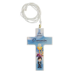Recuerdo Comunión cruz y rosario azul español