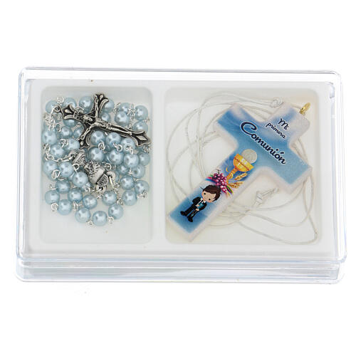Set souvenir chapelet et croix bleu Communion ESPAGNOL 1