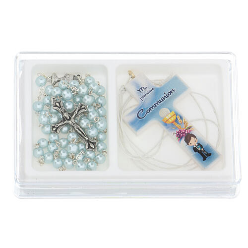 Holy Communion gift box, blue rosary and cross FRE 1