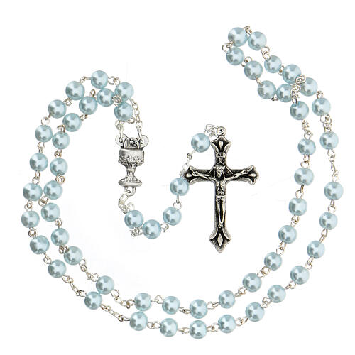 First Communion box set blue cross rosary, French 3