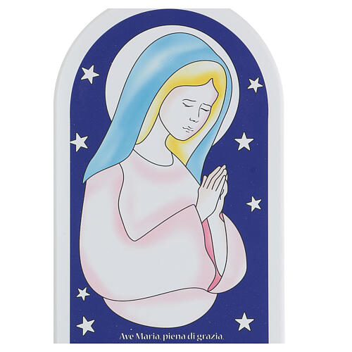 Kinderikone, mit Gebet "Ave Maria", Madonna vor blauem Hintergrund 2