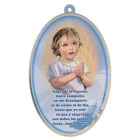 Guardian angel figure with printed prayer in Spanish, oval