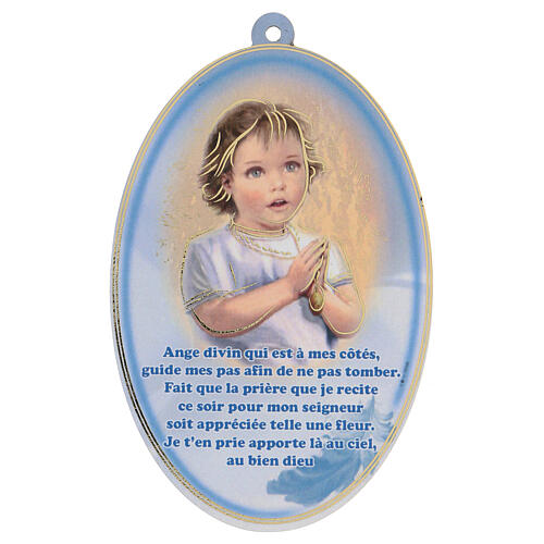 Guardian angel figure with printed prayer in French, oval 1