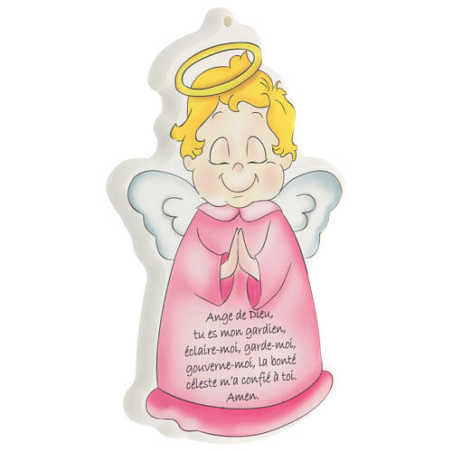 Pink Angel of God icon with French prayer printed 2