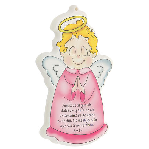 Pink Angel of God icon with Spanish prayer printed 2