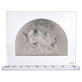 Glass ornament, praying angels, silver bi-laminate, 20x25 cm