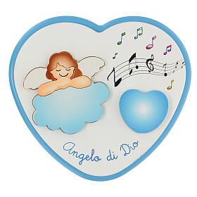 Medalha de berço coração azul anjo e música 15 cm