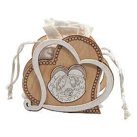Wood heart-shaped favour with Holy Family and fabric bag 3 in