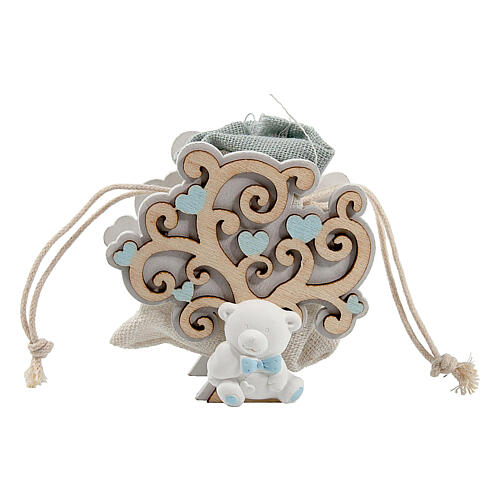 Blue favour: Tree of Life with teddy bear, wood and plaster, 3 in 1