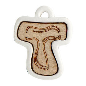 Tau-shaped favour pendant, wood and plaster, 1.2x1.2 in