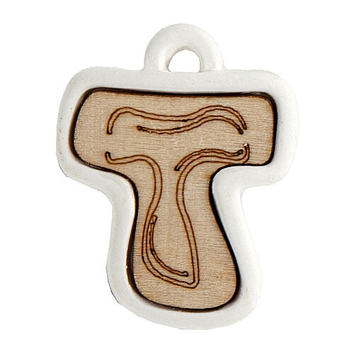 Tau-shaped favour pendant, wood and plaster, 1.2x1.2 in 1