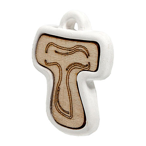 Tau-shaped favour pendant, wood and plaster, 1.2x1.2 in 2