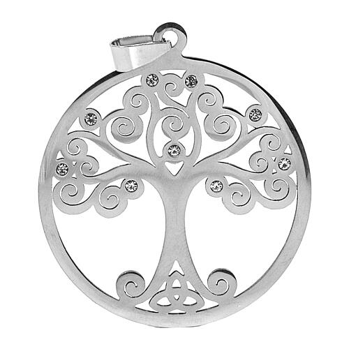 Silver charm for religious favours, Tree of Life, zamak and rhinestones, 2 in 1
