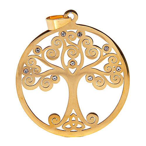 Golden charm for religious favours, Tree of Life, zamak and rhinestones, 2 in 1