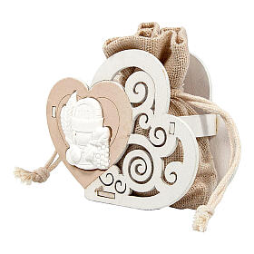 Communion favor bag 2 hearts in jute and wood