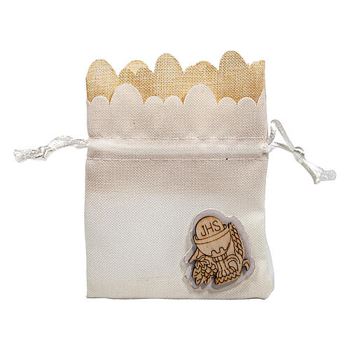 Geschenksäckchen mit Ziehband, Weiß, Holzplakette mit Kommunionssymbolen, 10x8 cm 2