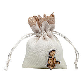Geschenksäckchen mit Ziehband, Weiß, Holzplakette mit Symbolen der Firmung, 10x8 cm