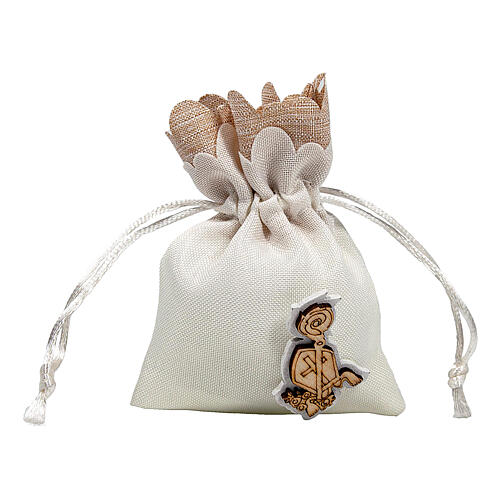 Geschenksäckchen mit Ziehband, Weiß, Holzplakette mit Symbolen der Firmung, 10x8 cm 1