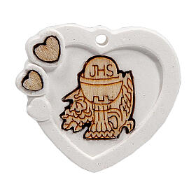 Heart-shaped charm with chalice and wheat, plaster, 1.5 in