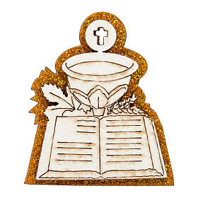 Communion wood magnet with white book and chalice 2x1.5 in