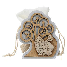 Geschenkverpackung, Lebensbaum und Symbole der Firmung, Holz, inkl Säckchen, 7 cm
