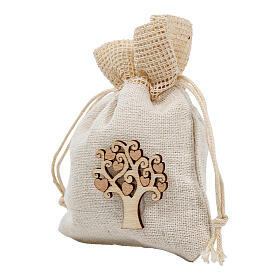 Ivory organza bag with wooden Tree of Life 4x3 in