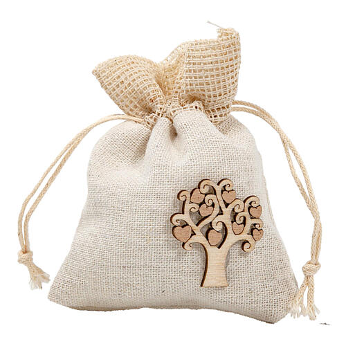 Ivory organza bag with wooden Tree of Life 4x3 in 1