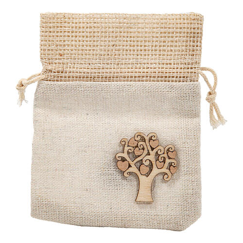 Ivory organza bag with wooden Tree of Life 4x3 in 3