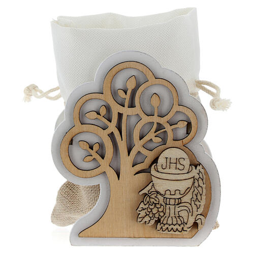 Wooden Tree of life with jute bag and Holy Communion symbols 1