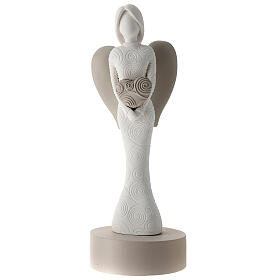 Statuette ange avec base et coeur 25 cm résine blanche et taupe