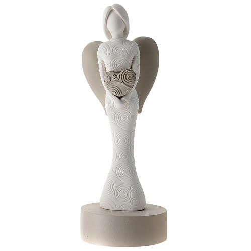 Statuette ange avec base et coeur 25 cm résine blanche et taupe 1