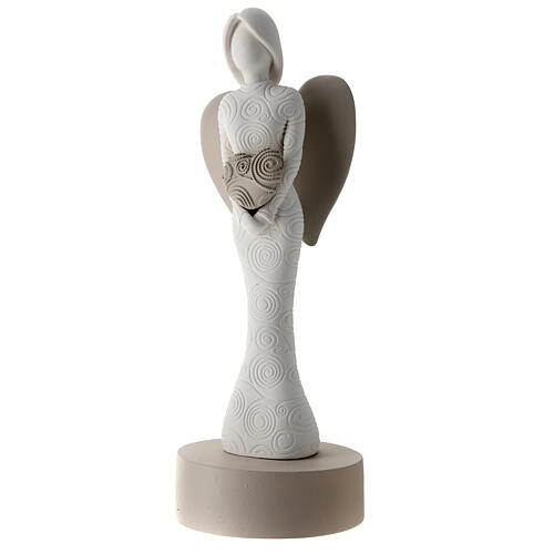 Statuette ange avec base et coeur 25 cm résine blanche et taupe 3