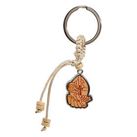 Confirmation favour, wooden keyring with cross and mitre, 1.2x0.8 in
