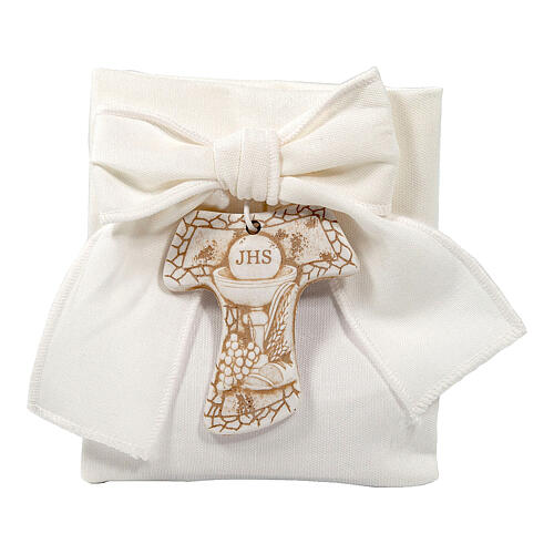 Communion favour fabric bag with bow and resin Tau cross, 4 in 3