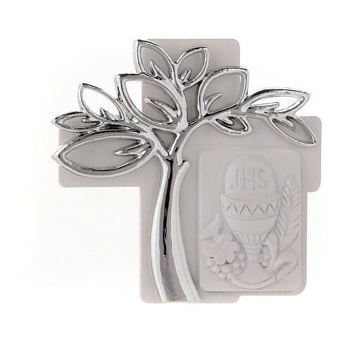 Cross with silver Tree of Life, resin Communion favour, 3x3 in 1