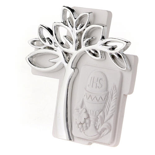 Cross with silver Tree of Life, resin Communion favour, 3x3 in 2