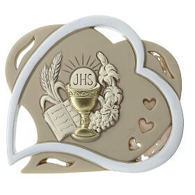 Heart-shaped favour with Communion symbols, white and taupe, 4 in