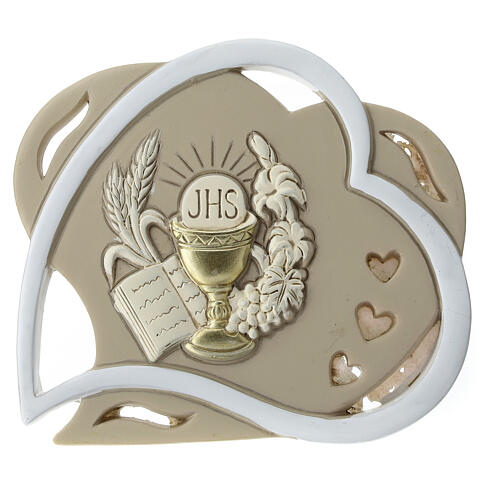 Heart-shaped favour with Communion symbols, white and taupe, 4 in 1
