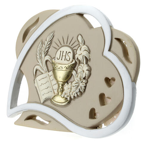 Heart-shaped favour with Communion symbols, white and taupe, 4 in 2