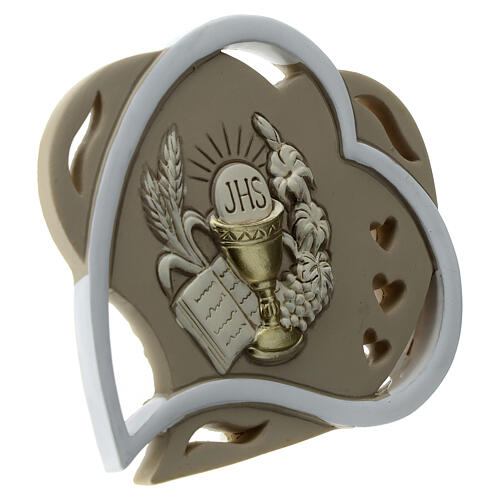 Heart-shaped favour with Communion symbols, white and taupe, 4 in 3