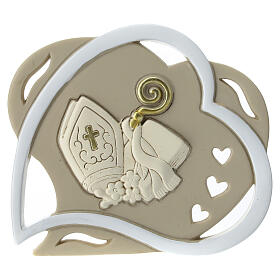 Heart-shaped favour with Confirmation symbols, white and taupe, 4 in