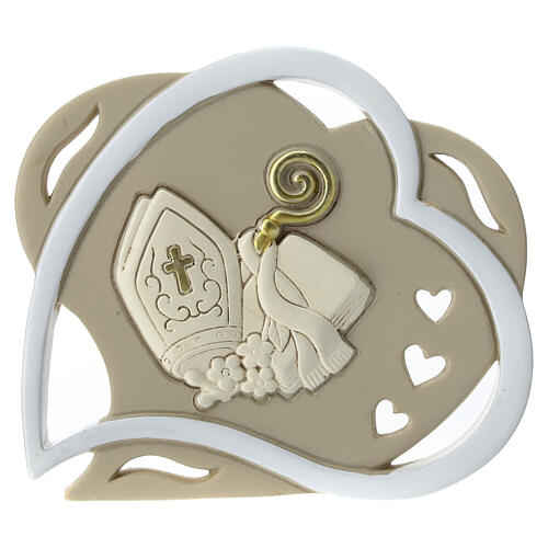 Heart-shaped favour with Confirmation symbols, white and taupe, 4 in 1