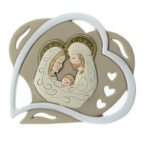 Heart-shaped wedding favour with Holy Family, white and taupe, 4 in