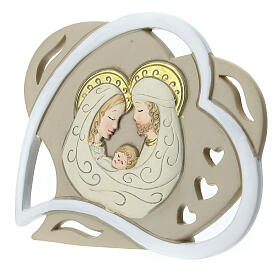 Heart-shaped wedding favour with Holy Family, white and taupe, 4 in
